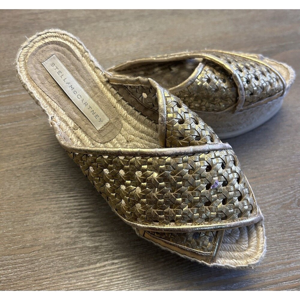 Stella McCartney Gold Wicker Crisscross Platform Espadrille Sandals EU 38